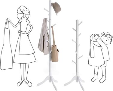 VASAGLE Coat Rack, Solid Wood Clothes Rack, Coat Stand with 8 Hooks, Tree Shape, 3 Adjustable Heights, for Coats, Jackets, Bags, for Entryway, Bedroom, RCR01GY (White)