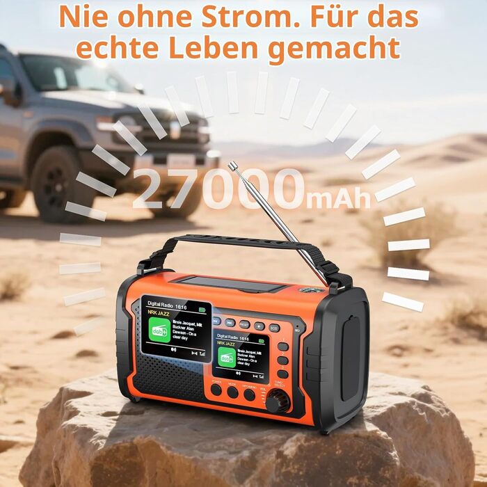 Радіоприймач DAB/DAB+ для екстрених ситуацій з акумулятором 27000mAh, сонячною панеллю, ручним динамо-генератором та Bluetooth, помаранчевий