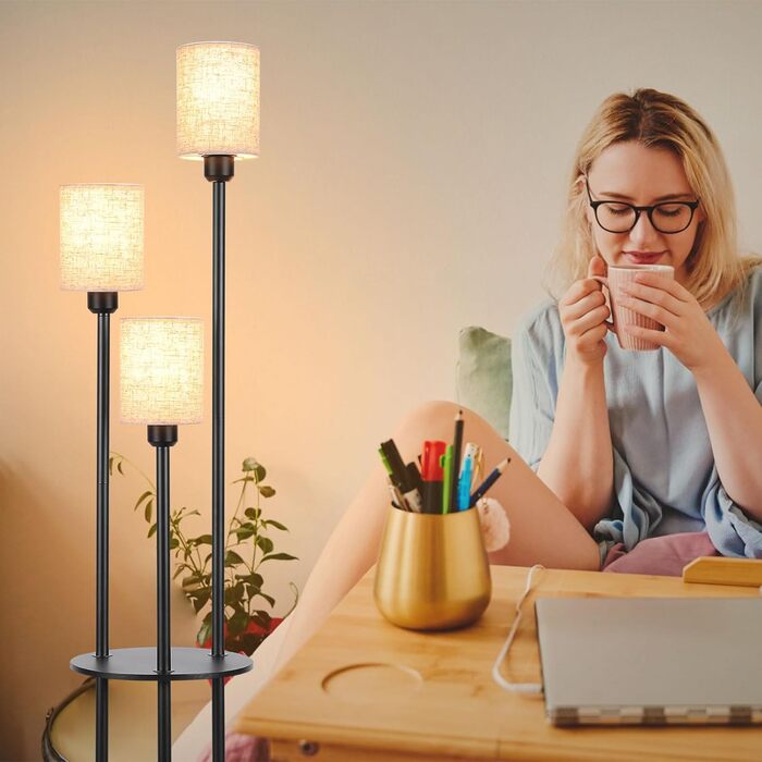Стійка лампа Winverty для вітальні з полицею, 3 лампи, вінтажний стиль, чорний колір