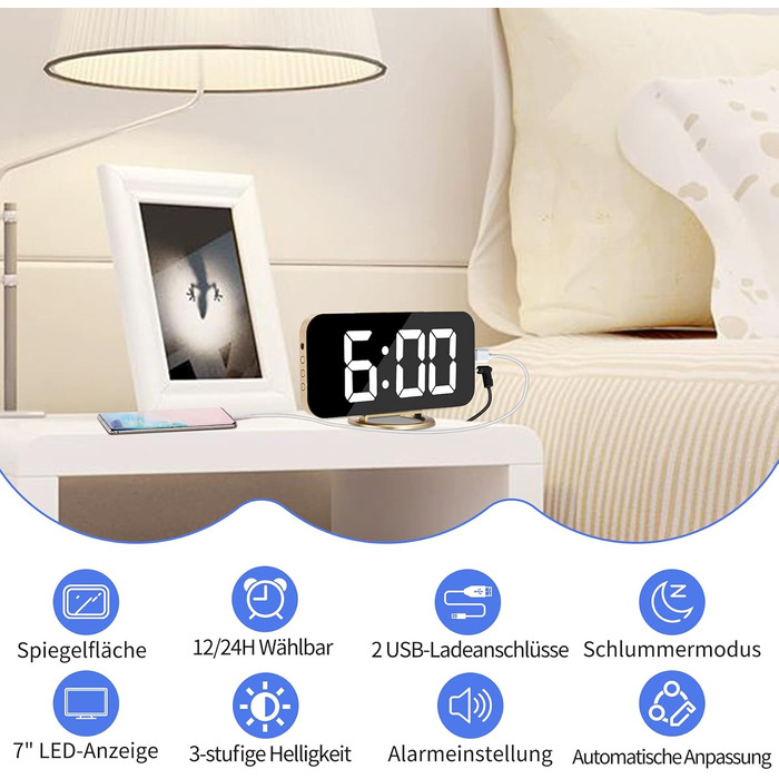 Цифровий годинник SZELAM з LED-дзеркалом 7 дюймів, 2 USB-порти, функція відкладання, автоматичне регулювання яскравості, для дому, колір золотий