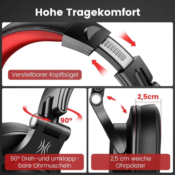 OneOdio A71: Професійні навушники Over-Ear для DJ та студійної роботи, з кабелем, Share Port, червоний