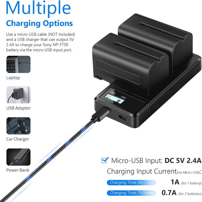 Зарядний пристрій NEEWER Dual USB з 2 шт. акумуляторами 6600mAh NP-F970, швидка зарядка для Sony NP-F970, F960, F950, F770, F750, F570, F550, Handycam, LED-ліхтарі, моторизовані слайдери NEEWER (NP-F750)