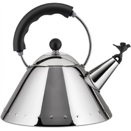 Alessi Water Kettle with Handle, Stainless Steel, Bird-Shaped Whistle from PA, Black, Silver, 8.5 x 25 x 10.5 cm, 9093 B 2 Liter Silver