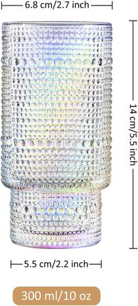 Joeyan 300ml Hobnail Rainbow Water Glasses, Vintage Stackable Colorful Highball Glasses, Pearl Embossed Iridescent Drinking Glasses, Romantic Rainbow Juice Glasses Cocktail Glasses, Set of 4, Dishwasher Safe