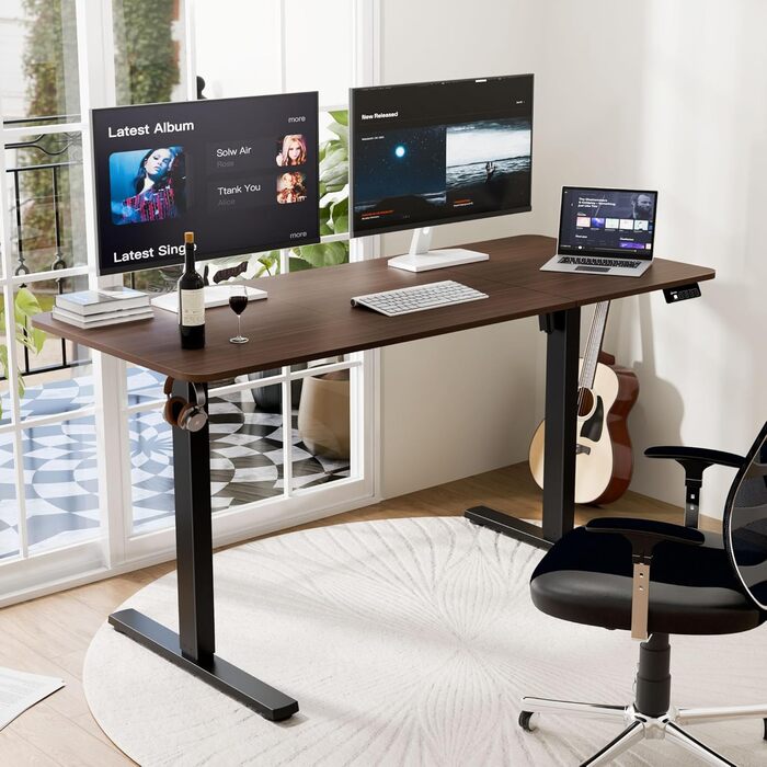 Ergonomaker Electric Height Adjustable Desk 80x60cm - Compact Standing Desk with 2-Section Tabletop, Adjustable Desk for Home Office (White Frame + Walnut Tabletop)