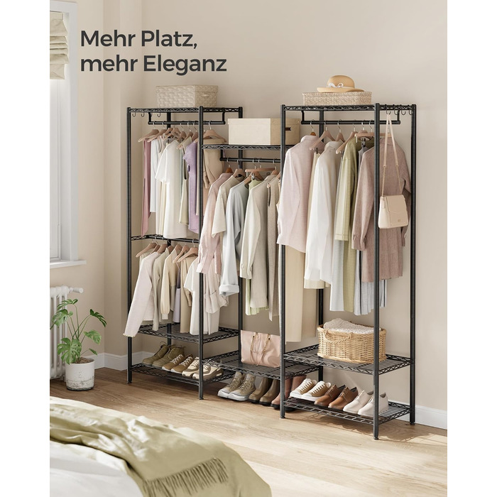 SONGMICS Clothes Rack, Open Wardrobe, Metal Coat Rack, Coat Stand with Adjustable Shelves and Clothes Rails, Hooks, High Load Capacity, Detachable, Cloud White LGR431W01 (Ink Black)