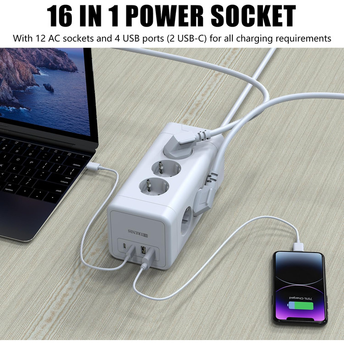 Блок розеток з USB-C, 4 розетки, плоский штекер, індивідуальне вмикання, куб з 2м плетеного кабелю для офісу, дому, подорожей - Білий 002-MF (12 розеток 2M - Білий)