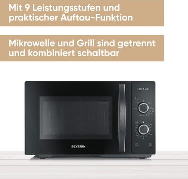 Мікрохвильова піч Severin 2-в-1 з грилем, 20 л, чорна, MW 7762. Плоский скляний стіл, 2 рівні, велика площа, для прямокутного посуду, легке очищення