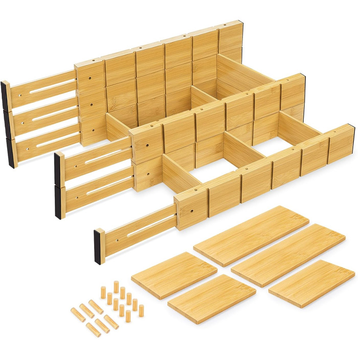 ABSOFINE Adjustable Drawer Dividers (43-56CM), 6 Pack Drawer Organizers with Inserts, Stackable Non-Slip Drawer Dividers for Kitchen, Closet, Dresser, Office, Bedroom
