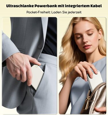 Power Bank Auskang 5000mAh Slim з кабелем для iPhone (сумісний з iPhone 14 та попередніми моделями) - тонкий, легкий, портативний зовнішній акумулятор (білий)
