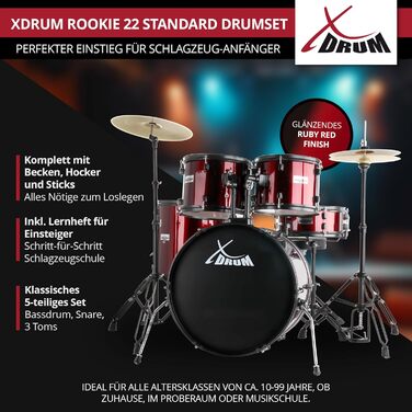 XDrum Rookie 22' барабанний комплект Ruby Red - ідеальний для початківців, стильна фурнітура, з паличками 5B та інструкцією