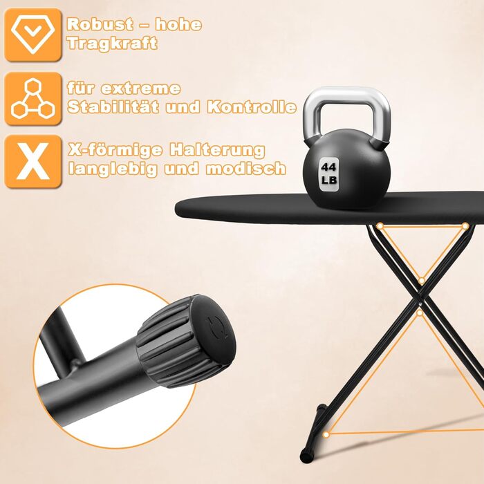 Відкидна гладильна дошка VIOFOTT, регульована висота 65-95 см, 120x34 см, сумісна з парогенераторами