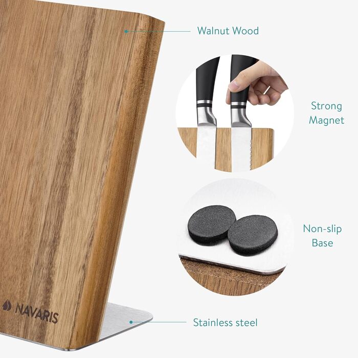 Navaris Magnetic Knife Holder from Acacia Wood 23x22.5x12cm - Magnetic Knife Block Knife Board Wood Magnet Holder - Knife Holder Unfilled Brown
