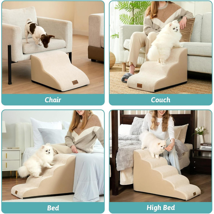Dog Stairs for Small Dogs 50cm, Pet Stairs for Bed made of High-Density Sponge, Dog Stairs Dog Ramp with Washable Cover and Non-Slip Bottom, 40x72x50cm, 4 Steps, Beige