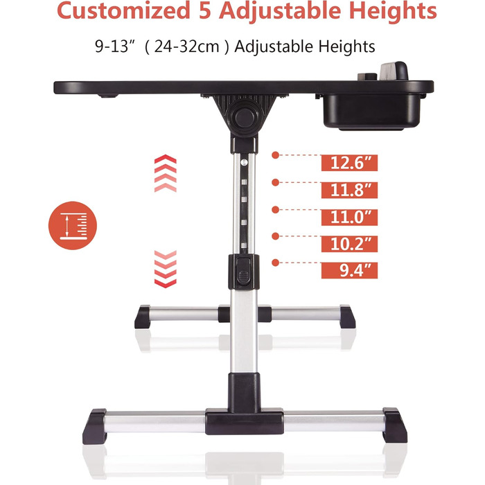 Регульований стіл для ноутбука з ящиком, чорний. Розмір: 23.6' x 13.6' x 9.4-12.6'