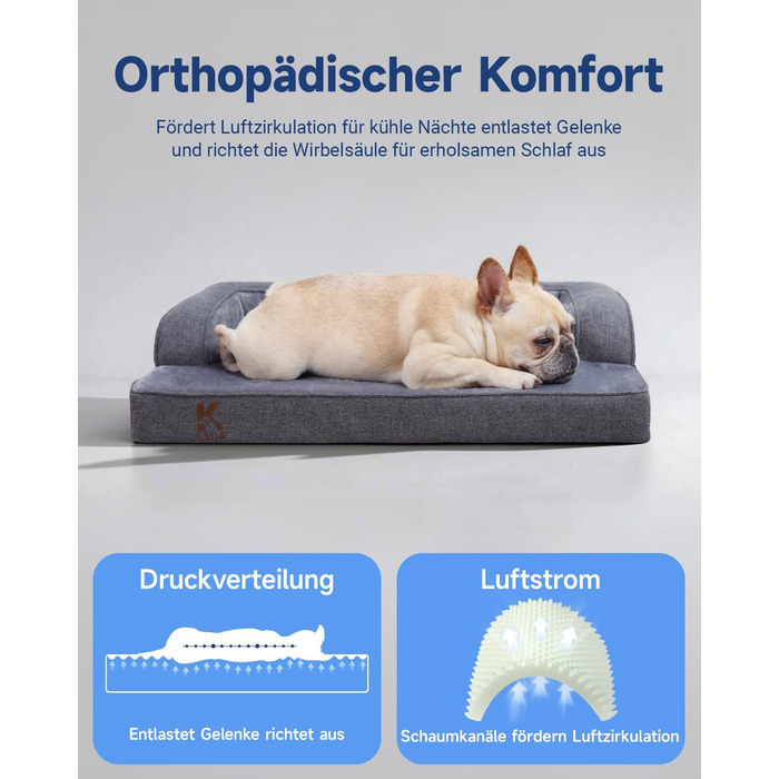 Ортопедичне ліжко для собак KSIIA, великі породи, кошик для собак, знімний та пральний чохол, водонепроникне ліжко для собак з бортиком, неслизьке дно, темно-сірий, 88x55x15 см