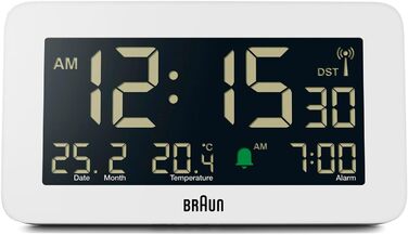 Braun Funk-Digitalwecker for the Central European Time Zone (DCF) with date, month, and temperature display, negative LCD display, and white alarm tone, Model BC10W-DCF.