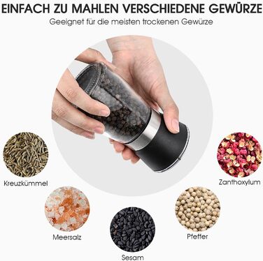 Набір мельниць для солі та перцю Salzmühle & Pfeffermühle PG180 (2 шт.) з регульованим керамічним жорном, скляні, для різних спецій, включаючи перець чилі