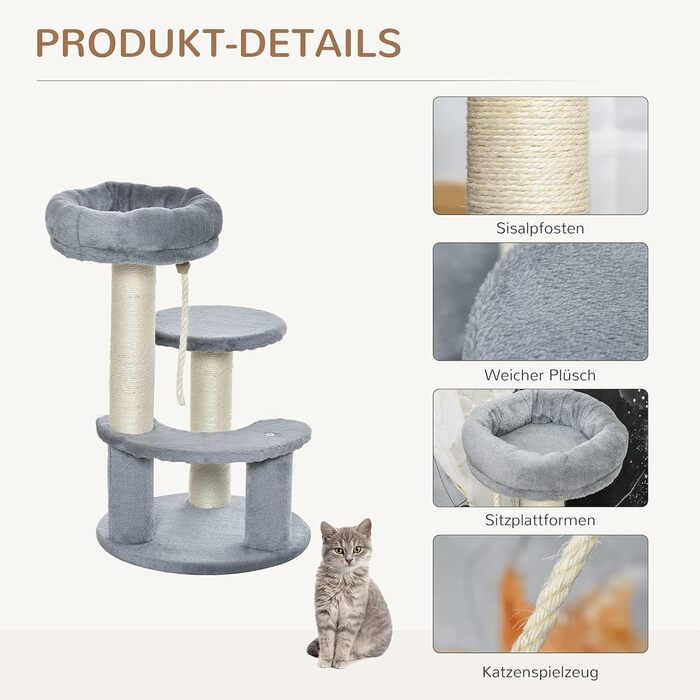 PawHut Cat Tree Climbing Tree with Hammock, 3-Tier Play Tree with Cat Bed Cat Scratching Post with Sitting Platform, Sisal Columns, Grey Ø40 x H65 cm
