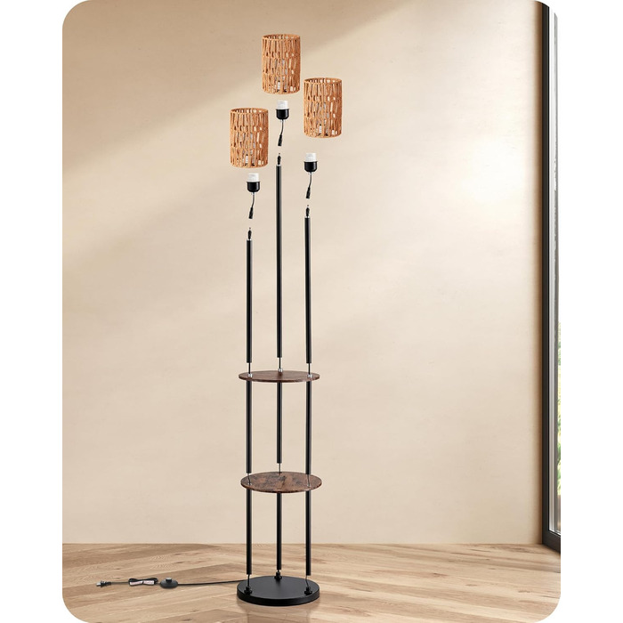 Стійка лампа EDISHINE для вітальні, вінтажна 3-лампова модель з полицею та абажуром з ротангу, 3 патрони E27, з лампочками, бохо-лампа з вимикачем на нозі для спальні та офісу, 178 см (Вінтажний коричневий)