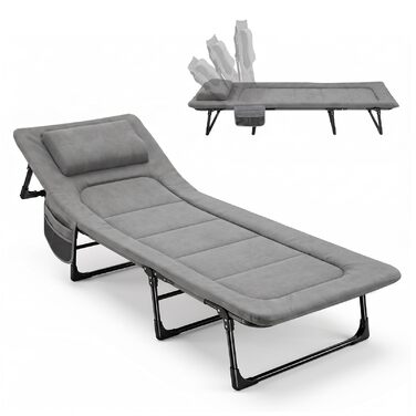 Ліжко туристичне розкладне Sekey XXL 190x71x35 см, сіре з подушкою - для кемпінгу, риболовлі, міцний сталевий каркас, Oxford тканина