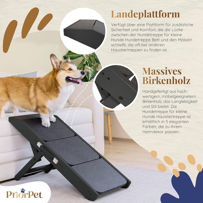 Сходинки для собак на ліжко та диван 2-в-1 - регульована рамка для собак, 18-50 см - для маленьких собак - легкі сходинки з платформою, натуральне дерево (чорний)