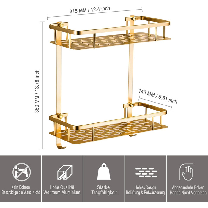 No-Drill Shower Shelf, Square Shower Rack Bathroom Shelf for Shampoo and Shower Gel Holder Bathroom Wall Shelf Organizer With 2 Hooks (2 Tier, Champagne Gold)