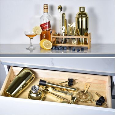 Набір шейкер для коктейлів Esmula 750 мл, 12 предметів, нержавіюча сталь, професійний барменський набір, стильний барний інструмент для дому, з рецептами коктейлів (Золотий)