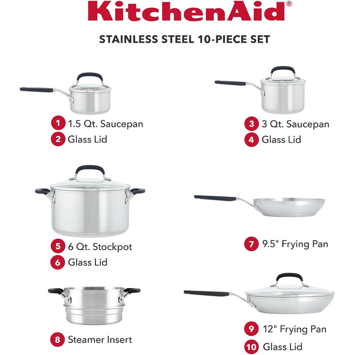Набір кухонного посуду KitchenAid з нержавіючої сталі, 10 предметів, шліфований нержавіюча сталь