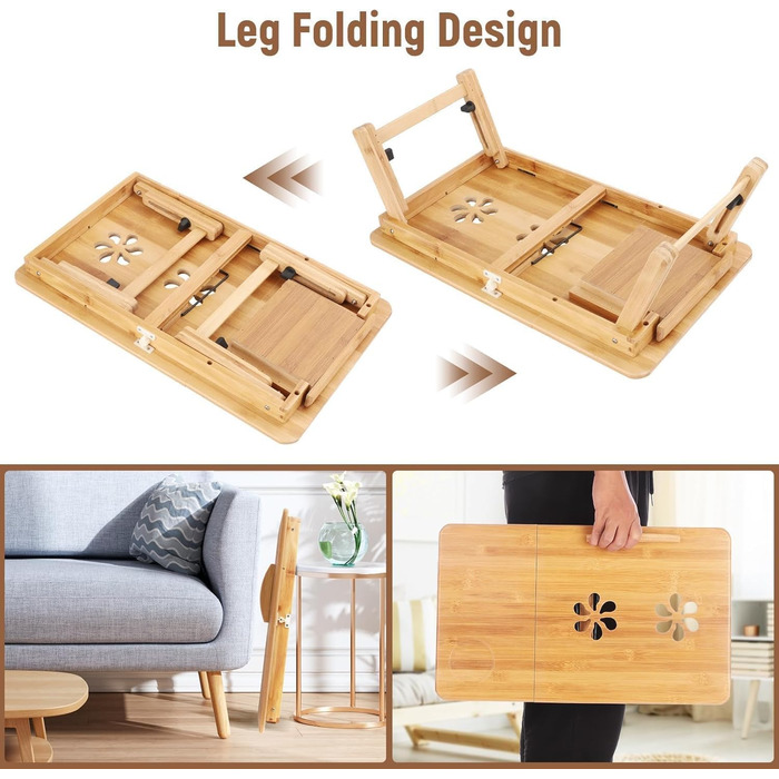 Стіл для ноутбука з бамбука, 50x30 см – регульований столик для ноутбука з вентиляційними отворами, ящиком та складними ніжками для роботи, читання або сніданку