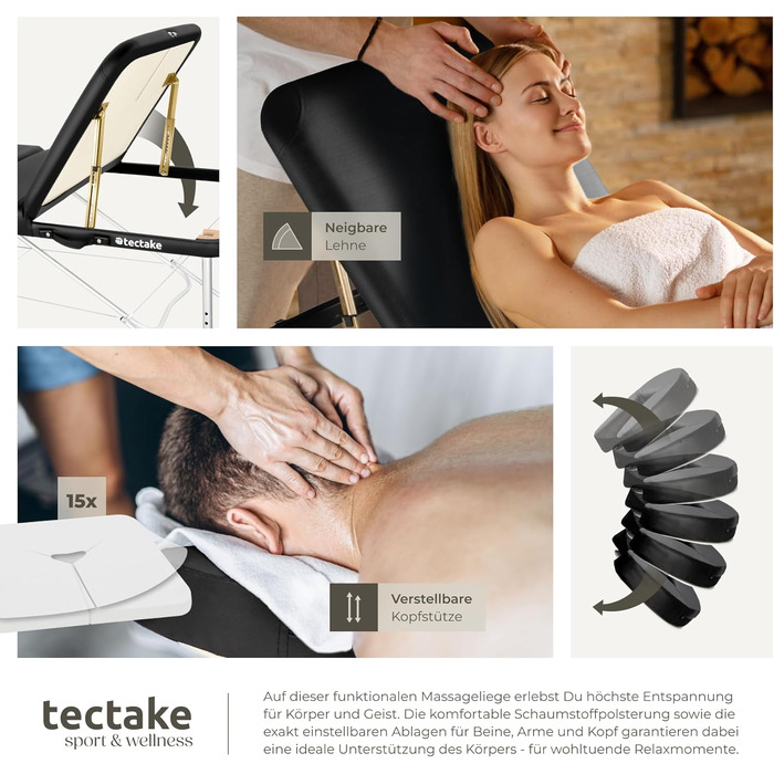 Масажний стіл Tectake® 3 зони, розкладний, з регулюванням висоти, з аксесуарами (ширина без підлокітників: 70 см, чорний)