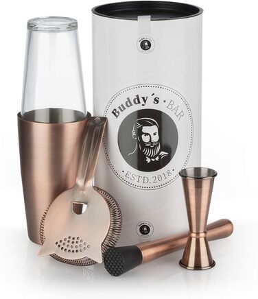 Boston Bar Set, 700 ml, Boston Cocktail Shaker, Bar Measuring Cup, Muddler, Bar Strainer, Food-Grade, Bar Set including Gift Box, Antique Copper