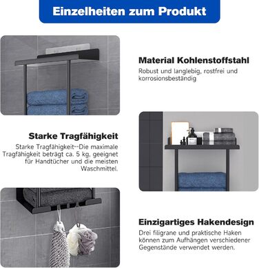 Danclit Towel Holder No Drilling, Carbon Steel Double Self-Adhesive Black Towel Hooks for Bathroom Kitchen