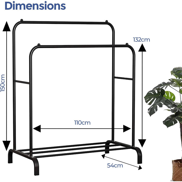edihome Clothes Rack, Clothes Rail, Double, 110 x 150 x 54 cm, Shoe Rack, Metallic, Stable, Clothes Organizer (Black)