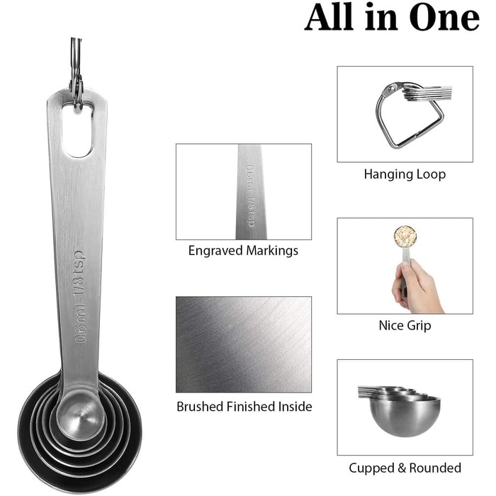 Набір мірних ложок з нержавіючої сталі Merecho (6 шт.) - для випічки, сухої їжі та рідини