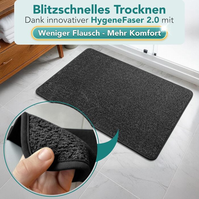 Гігієнічний килимок для ванної кімнати 40x60 см, протиковзкий та вологопоглинаючий підкладник під душ, що швидко сохне, чорний