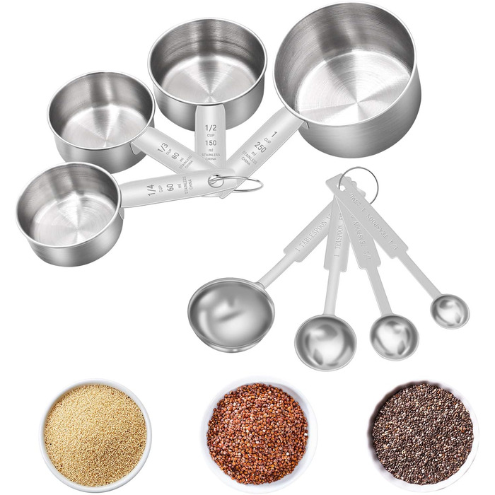 Набір мірних ложок та мірний стакан з нержавіючої сталі (8 шт.) - для рідин та сухих інгредієнтів, випічки