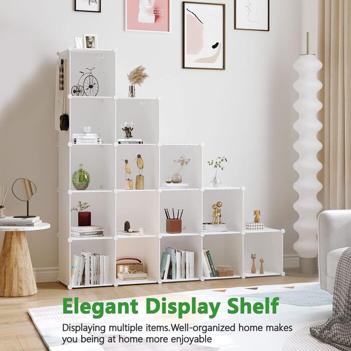 C&AHOME Cube Storage Shelves, 16-Cube Unit, Closet Organizer, DIY Plastic Modular Shelves, Ideal for Bedroom, Living Room, Office, 122 cm L x 31 cm W x 122 cm H, Opaque White, UPCS16M