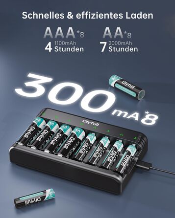 Зарядний пристрій Dlyfull для акумуляторів AAA/AA, 8-канальний зарядний пристрій з LED-дисплеєм, 5V/2A USB-C, для NI-MH/NI-CD, чорний