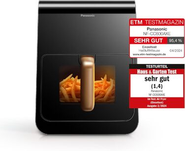 Panasonic NF-CC600AXE Air Fryer with Viewing Window, 6 l, 80–200 °C, digital timer & LCD display, gentle steam injection, 11 presets, easy cleaning, Black with Rose Gold handle