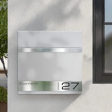 Поштова скринька Metzler Premium з газетницею, антрацит. Персоналізована з табличкою для імені. Якісна настінна поштова скринька з нержавіючої сталі V2A з порошковим покриттям RAL 7016, модель Stencil (біла)