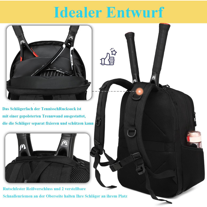 BlesMaller Tactical Tennis Backpack - Unisex with Shoe Compartment & Racket Protection - Black Sports Bag