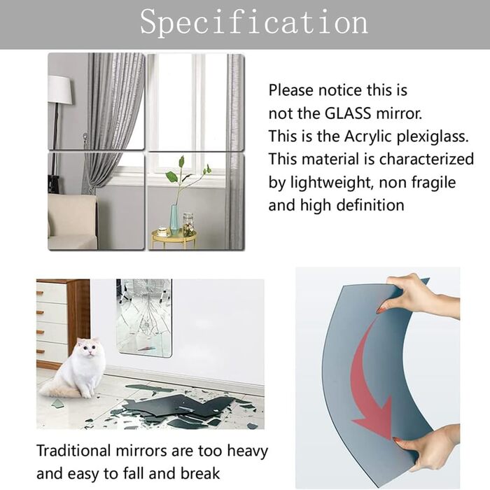 Акрилові дзеркала на стіну, самоклеючі, 4 шт., безпечні, для макіяжу, дому, спортзалу (30x30 см, 20x20 см)