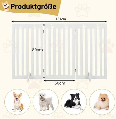 Захисний бар'єр для собак Costway 89 см, дерев'яне огорожа, дитяче ворота, розкладне, для захисту сходів, гнучкий бар'єр (3 панелі, білий)