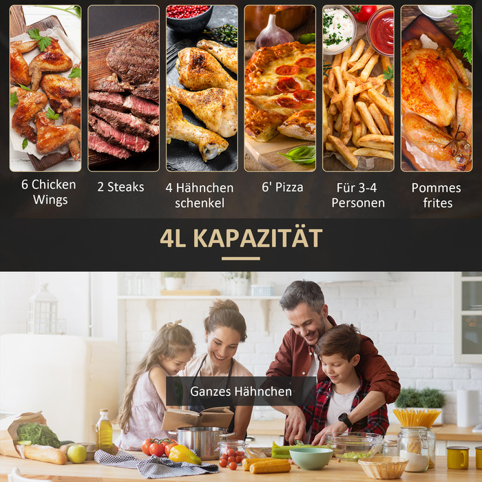 HOMCOM Фритюрниця без олії 4л з 12 програмами, таймером на 60 хвилин, антипригарним кошиком, потужністю 1300W, захистом від перегріву, LED-сенсорним дисплеєм, чорного кольору | Aosom