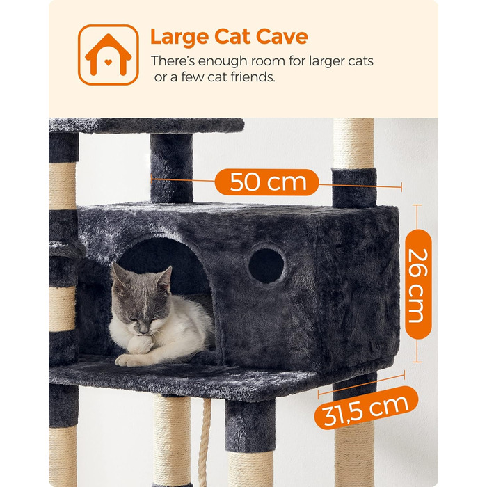 Дряпалка для котів Feandrea XXL, 164 см, сірий, 50 x 50 x 164 см