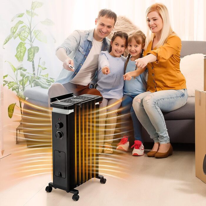 Масляний радіатор COSTWAY 1500W з 7 ребрами, 5-35°C, 3 режими нагріву, термостат, вологозбірник, на колесах (Чорний)