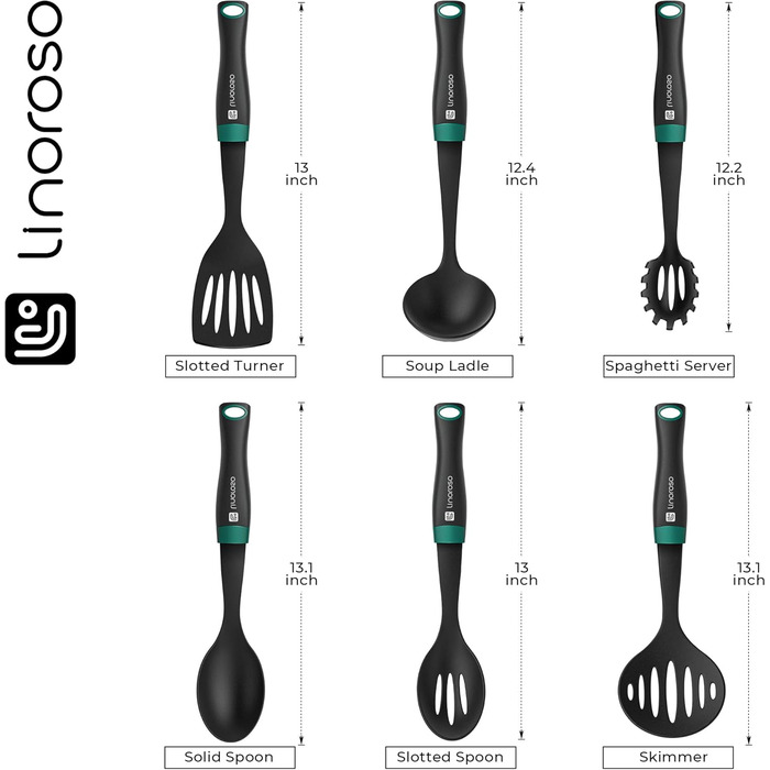 Linoroso Cooking Spoon Set - 6-Piece Nylon Kitchen Utensils - Cooking Utensils, Cookware, Cooking Utensils Set with Swivel Stand and Innovative Weighted Handle - Black & Peacock Green