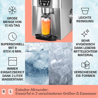 Машина для приготування льоду Klarstein Eiswürfelmaschine Klein, 2 л, з дозатором води, для 12 кг льоду, швидка, з сигналом, пластик, срібло