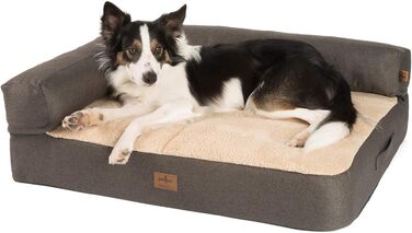 JAMAXX Преміум Софа для собак 2-в-1 - Ортопедична Memory Visco, знімні подушки, знімний чохол, м'який фліс або овчина/шерпа, PDB3014 ((M) 90x70, коричневий+пісочний фліс)